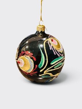 Pier 1 Imports Round Glass Peacock Feather Design Glitter Ornament